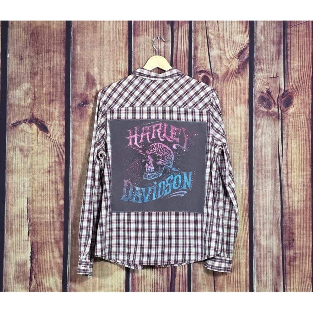 Upcycled Harley Davidson Rhinestone Skull Plaid Button Up Shirt L XL